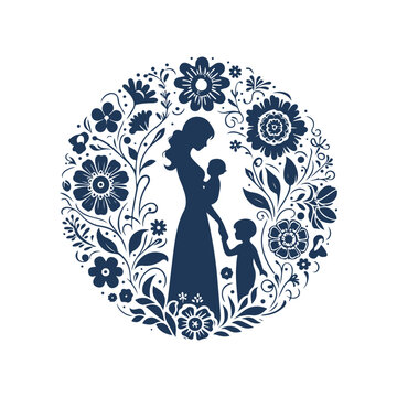 Mother and Son Silhouette Surrounded by Abstract Floral Leaves