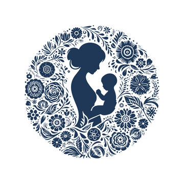 Mother and Son Silhouette Surrounded by Abstract Floral Leaves