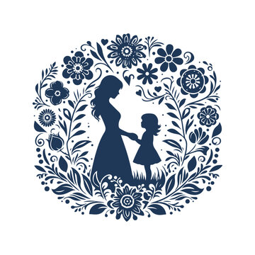 Mother and Son Silhouette Surrounded by Abstract Floral Leaves