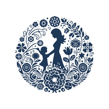 Mother and Son Silhouette Surrounded by Abstract Floral Leaves