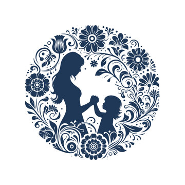 Elegant Mother and Son Silhouette with Botanical Vector Elements