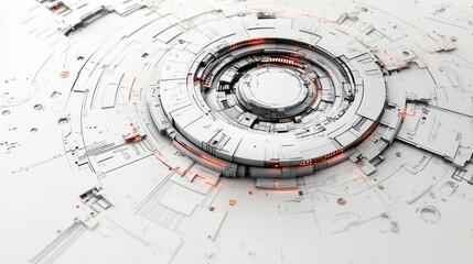 Poster - Abstract 3D rendering of a complex circular technological mechanism with orange accents.