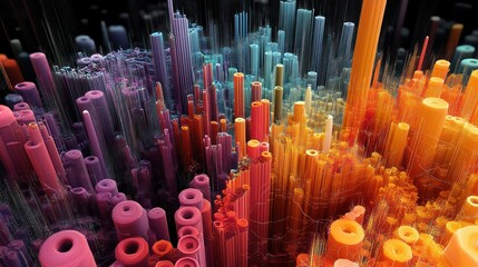 Poster - abstract 3d rendering of colorful, cylindrical structures forming a complex, dense cityscape.
