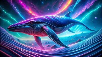 Wall Mural - Synthwave Blue Whale: Glowing Ocean, Neon Lights, Futuristic Seascape