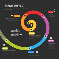 Poster - A vibrant dark spiral timeline template showcasing key events in chronological order. Each section is color-coded and includes space for text, ideal for presentations.