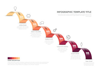 Poster - A colorful, ascending six step infographic template with placeholder text and icons. This infographic features distinct colors and icons for each step, highlighting progression.