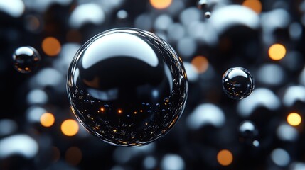 Aufkleber - Abstract background with shiny chrome spheres and bokeh lights.