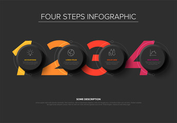 Poster - A four-step dark circular infographic displays numbers and icons, highlighting accountancy processes. With vibrant colors, this infographic effectively illustrates a step-by-step workflow.