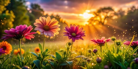 Wall Mural - Tranquil Sunrise: Colorful Flowers and Trees in Soft Morning Light - Stock Photo