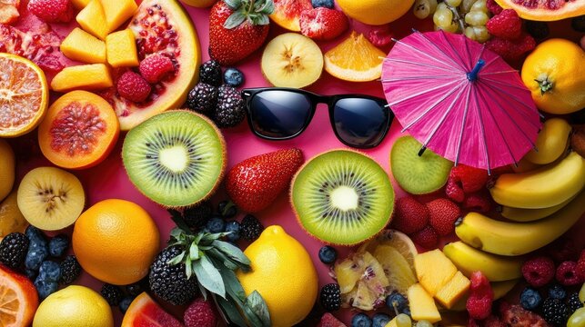 A fun mix of summer fruits decorated with umbrellas and sunglasses, creating a refreshing and cheerful tropical design.