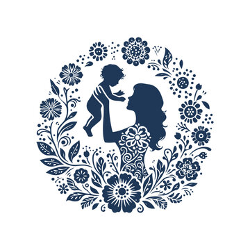 Mother and Son Silhouette with Floral Leaf Vector Art Design