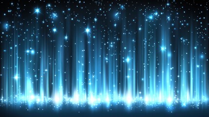 Poster - Abstract blue light beams and sparkles on dark background.
