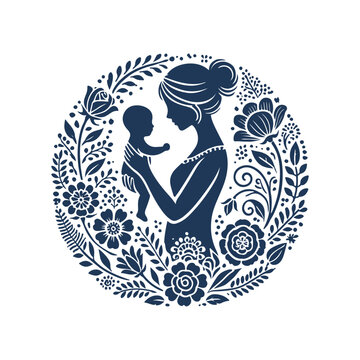 Mother and Son Silhouette with Floral Leaf Vector Art Design