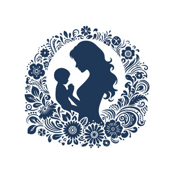 Mother and Son Silhouette with Floral Leaf Vector Art Design