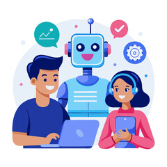 Poster - Two individuals engage with an ai chatbot, one typing on a laptop and the other holding a tablet, fostering dialogue about technology and conversation skills