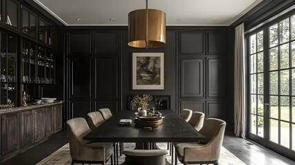 Aufkleber - A dramatic dining room with a black and white palette, featuring dark wooden furniture and a statement light fixture with brass accents