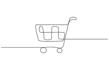 Fototapete - One Continuous Line Drawing of Shopping Icon. Single Line Vector, Shopping cart continuous one art line drawing. Online shopping in store. Trolley shopping cart business concept.