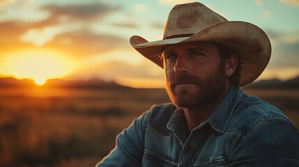 A cowboy hat wearing man stands confidently in an open field exuding a rugged charm under a bright blue sky showcasing the essence of western culture and outdoor adventure spirit