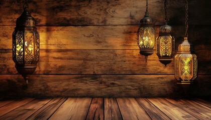 Aufkleber - Ornate Lanterns Hanging Against a Dark Wooden Wall