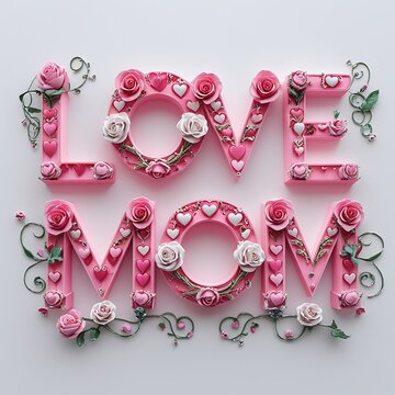 Elegant 3D 'Love Mom' Text with Roses & Hearts Design