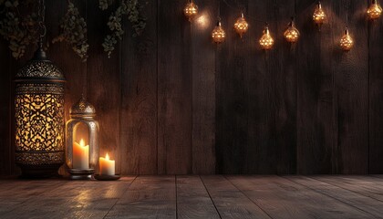 Aufkleber - Ornate Metal Lantern and Lit Candles on Dark Wooden Background