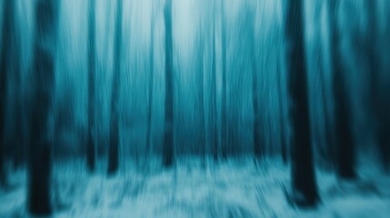 Poster - Abstract, blurry winter forest scene in teal tones, showing snow-covered ground and tall trees.