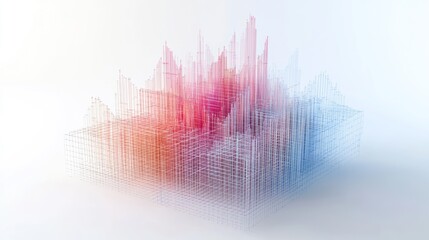 Poster - Abstract city skyline model, red and blue wireframe structure.