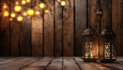 Aufkleber - Ornate Metal Lanterns Glowing on Rustic Wooden Background