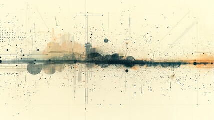 Poster - Abstract cityscape illustration with geometric shapes and muted color palette.