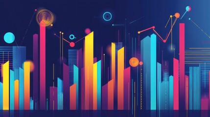 Poster - abstract cityscape with vibrant skyscrapers and data visualizations.