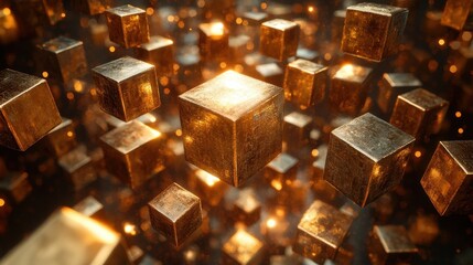 Poster - Glowing metal cubes floating, dark background, abstract technology concept