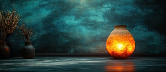 Poster - Warm Glow of Unique Vase with Artistic Background and Decorative Plants