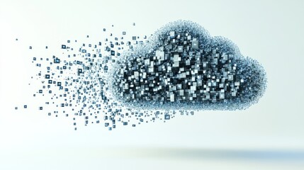 Poster - Abstract cloud data concept; digital blocks forming a cloud shape, some dissolving into pixels.