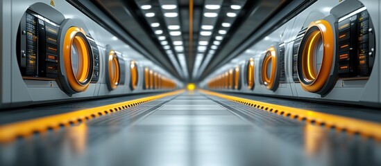 Poster - Futuristic corridor with glowing orange circular elements and lights
