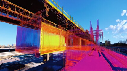 Poster - Abstract colorful 3D rendering of a bridge structure under construction.