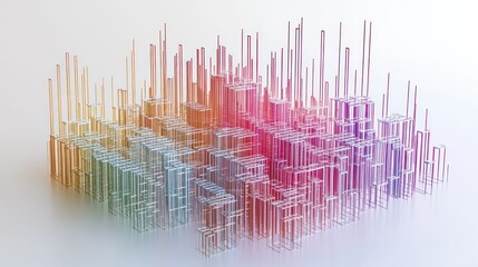 Poster - Abstract colorful 3D structure resembling a city skyline, with pastel rainbow hues and translucent cubic forms.