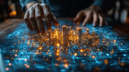 Poster - Futuristic Cityscape in Hands on Digital Display Concept Visualization