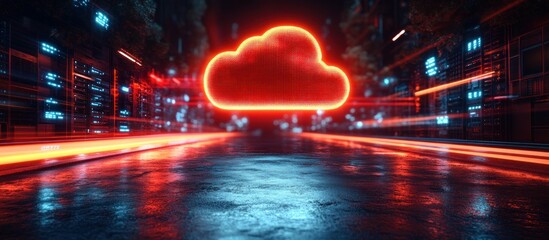 Poster - Bright Cloud Icon Illuminating a Futuristic Digital Cityscape Scene
