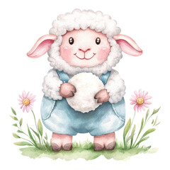 Wall Mural - Cute Cartoon Sheep Holding Soft Cotton Ball in Pastoral Setting