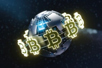 Poster - Global Bitcoin network visualized as glowing Bitcoin symbols orbiting a digital Earth, representing cryptocurrency's worldwide reach.