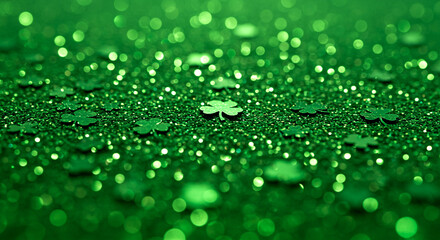 Poster - Shamrock glitter scattered on a green background with sparkling lights