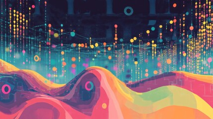 Poster - abstract colorful data visualization with flowing hills and vibrant dots, lines, and circles represe