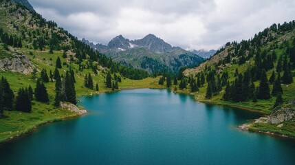 Naklejka na meble A serene lake surrounded by lush greenery and majestic mountains under a cloudy sky, embodying nature's tranquility and beauty.