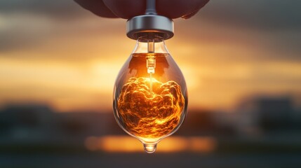 Poster - Unique Light Bulb with Fiery Glow Captured at Sunset for Creative Projects