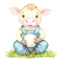 Wall Mural - Adorable Cartoon Baby Cow Holding Soft White Ball on Green Grass