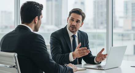 Wall Mural - Businessmen in corporate discussion during meeting with laptop and notebook