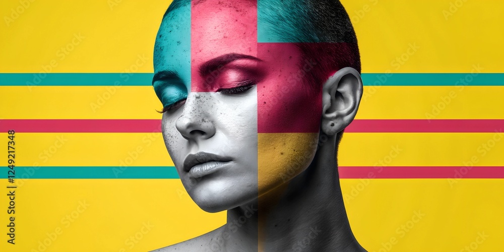 Abstract artistic portrait of a woman with a bold geometric overlay in ...