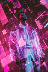 Poster - A conceptual fashion portrait of a man in a purple holographic jacket, surrounded by floating geometric shapes