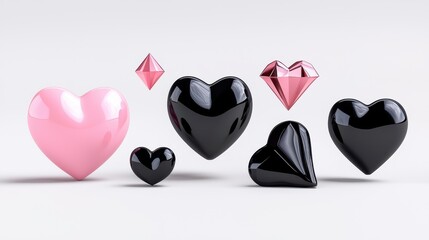 Poster - Pink and Black Glossy Hearts with Rose Gold Diamonds 3D Render