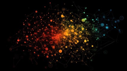 Poster - abstract colorful network connection with nodes and lines on black background.